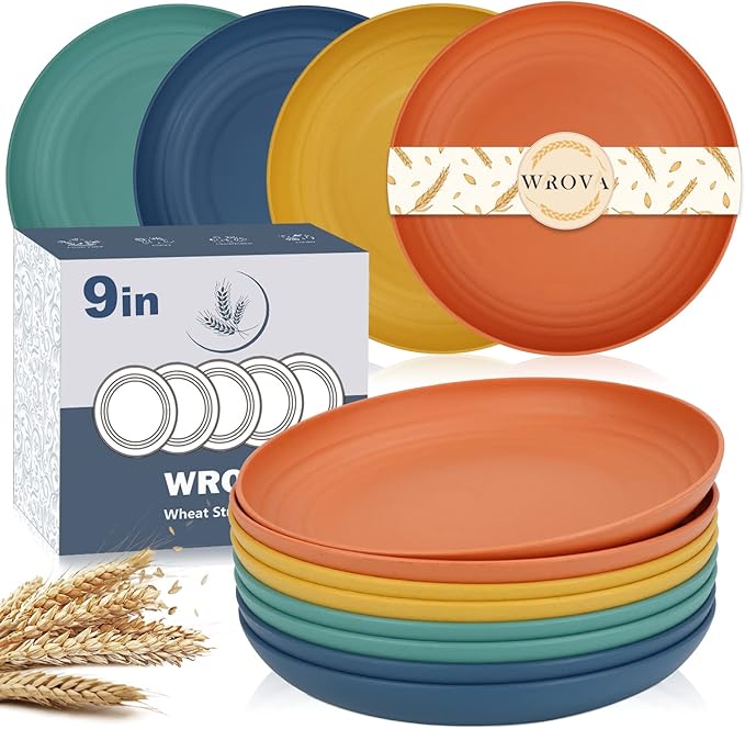 Wrova Wheat Straw Plates - 9 Inch Unbreakable Dinner Plates Set of 8 - Dishwasher & Microwave Safe Plastic Plates Reusable - Lightweight Plates for kitchen,camping (Colorful Series)