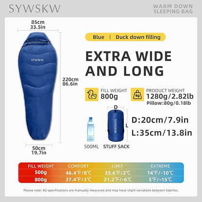 Down Sleeping Bag with Pillow, Lightweight Wide Sleeping Bag (86.6 in x 33.5 in) for Adults Backpacking,Hiking and Camping Outdoor with YKK Two-Way Zipper,680FP Duck Down