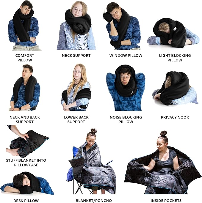 Ripstop Outdoor Camping Pillow and Blanket 3-in-1, Versatile Lightweight Nylon Waterproof Stadium Blanket, Ultralight Backpacking Essentials, Travel Blanket and Pillow Set - Black/Turquoise