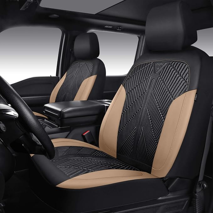 CAR PASS Waterproof Black Beige Car Seat Covers Front Seat Covers Neoprene Wetsuit,All-Weather Non-Slip Durable,Universal Fit for SUV Sedans Trucks Automotive,Airbag Compatible,3D Emboss Black Beige