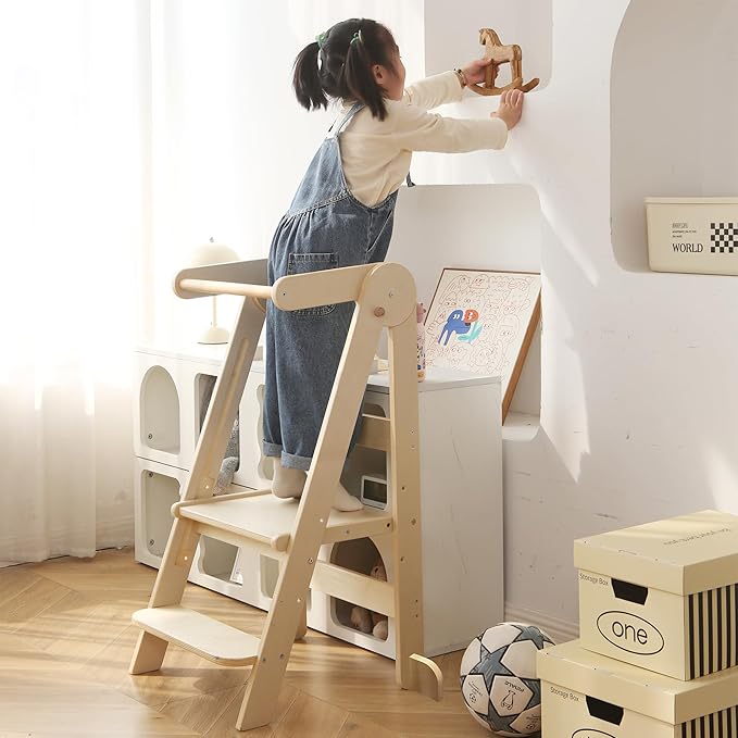 Foldable Toddler Tower 95% Preassembled Kitchen Stool Helper Folding Step Stool for Kids with 3 Adjustable Height Montessori Toddler Standing Tower for Kitchen Counter Sink Natural