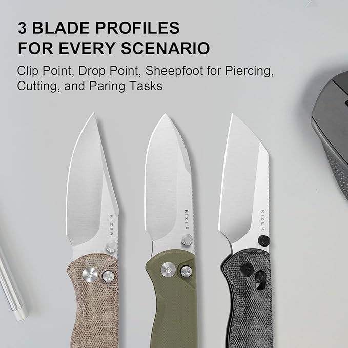 Kizer Drop Bear 2 Pocket Knife, 2.96" Nitro-V Clip Point Blade Folding Knife with Brown Micarta Handle, Button Liner Lock EDC Knives with Jimping on Spine for Men Women V3619.2CC1