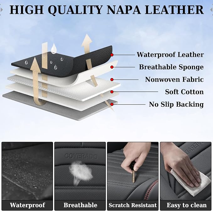 Coverado Car Seat Covers Full Set, Black Redline Seat Covers for Cars, Automotive Seat Covers, Waterproof Nappa Leather Front Seats and Back Car Seat Protector, Universal Fit for Most Cars SUV Trucks