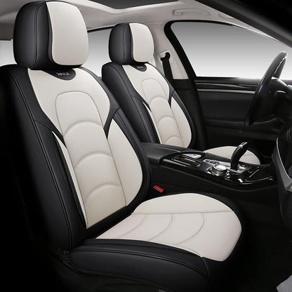 NS YOLO Full Coverage Car Seat Covers Universal Fit for Cars SUVs Pick-up Trucks with Waterproof Leatherette in Automotive Vehicle Interior Accessories (Black and White, Front Pair)