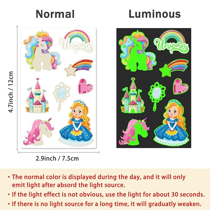 252+ PCS Glow Princess Temporary Tattoo for Kids, 36 Sheets Rainbow Castle Candy Star Prince Fake Tattoos Sticker for Girls Boys, Luminous Birthday Magic Fairy Theme Party Favors Decoration