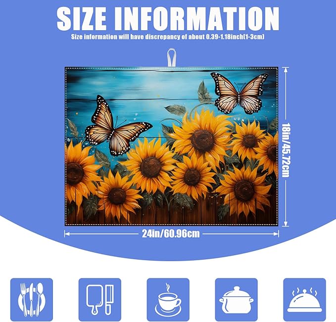Sunflower Butterfly On Wooden Board Dish Drying Mat