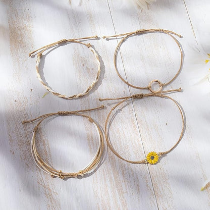 FANCY SHINY Sunflower String Bracelet Boho Braided Rope Wrap Bracelets Cute Summer Beach Surfer Jewelry for Women Christmas Gifts