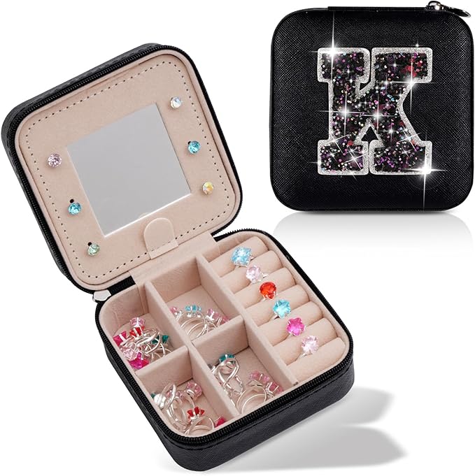 Travel Jewelry Case - Personalized Jewelry Box for Women,Small Jewelry Organizer Cute Jewelry Organizers and Storage Aesthetic,Travel Essentials Birthday Gifts for Girls Women | Black,K