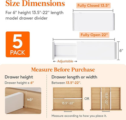 Lifewit 5 Pack 6" High Drawer Dividers 34-56cm/13.5-22" Adjustable Drawer