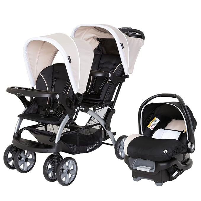 Baby Trend Infant and Toddler Double Stroller & Car Seat Combo, 2 Pc Set, Khaki - Portable and Lightweight Stroller Duo and Car Seat Travel System Tandem