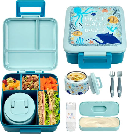 Bento Lunch Box for Kids with 8oz Soup Thermo,Leak-Proof Lunch Containers with 5 Compartment,Thermo Food Jar Food Containers for School (Blue-Octopus)