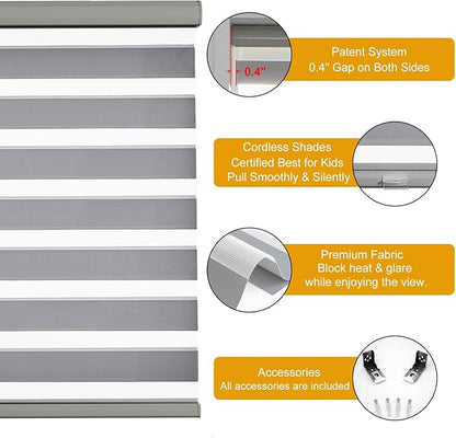 Persilux Custom Size Cordless Zebra Blinds for Windows Free-Stop Roller Windows Shades Dual Layer Light Control for Day and Night, Light Filtering Sheer Shades for Home and Bedroom Grey