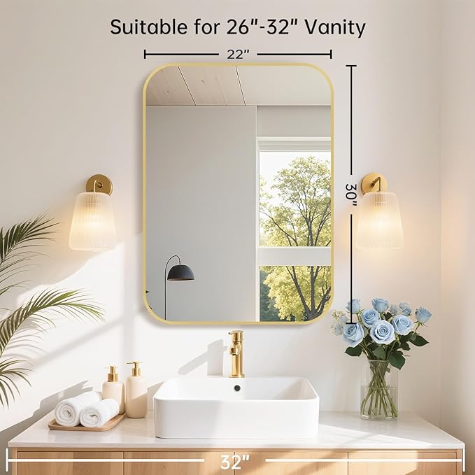 22x30 Inch Gold Bathroom Mirror, Brushed Gold Metal Framed Rectangular Mirror