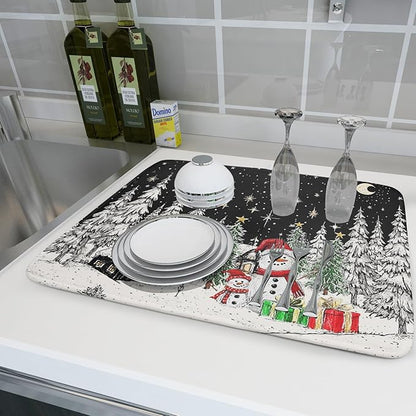 Winter Snowman Dish Drying Mat 24 X 18 in Black Microfiber Dish Pad Absorbent