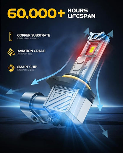 9005 LED Bulbs 6500K White 64000LM Easy Installation Within 3Min 1:1 Size To HB3 Bulbs, Plug N Play, 60000hour Long Lifespan, Pack of 2