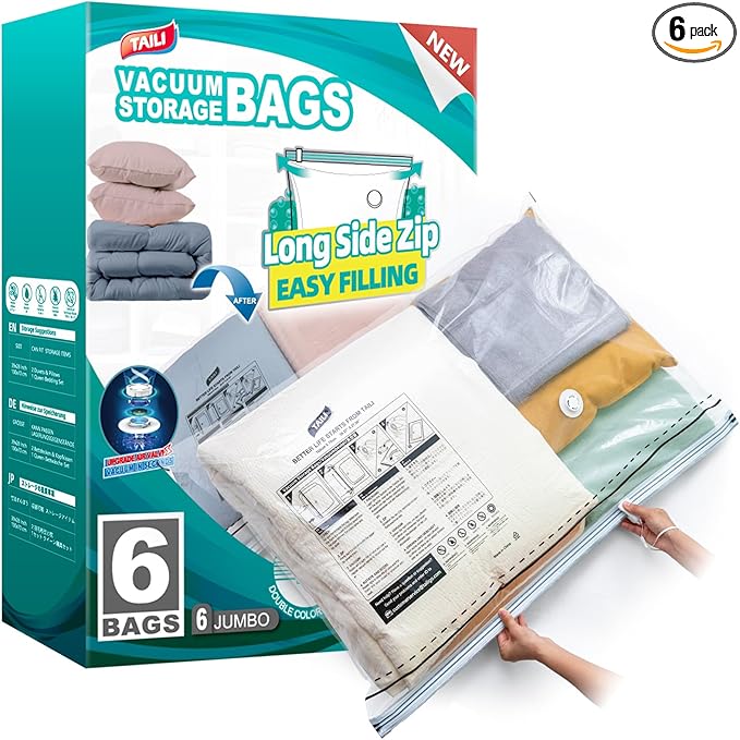TAILI 6 Pack Vacuum Storage Bags, LONG SIDE ZIP (39x28 inch), Vacuum Seal Bags for Clothing, Jumbo Storage Space Saver for Beddings, Comforters, Blanket, Pillows and Clothes