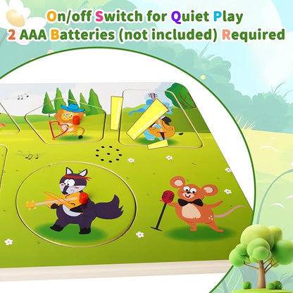 Wooden Sound Puzzle for Toddlers 1-5 Years– 6 Farm Animals & Songs Learning Toy, Educational Interactive Music Pegged Puzzles for Fine Motor Skills
