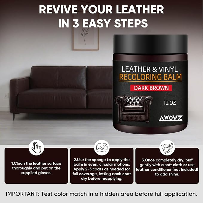 Leather Recoloring Balm - Scratch Repair & Color Restore Kit for Faded Leather, Leather Couch & Car Seats - 12OZ Leather Restorer Balm for Furniture, Auto Interior, Vinyl, Accessories (Dark Brown)