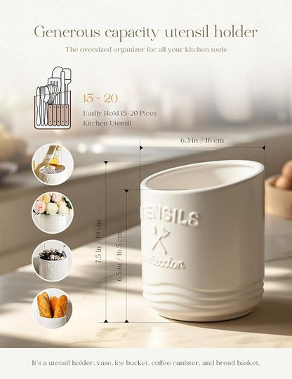 AISBUGUR Large Ceramic Utensil Holder: 7.5" H×6.3" W