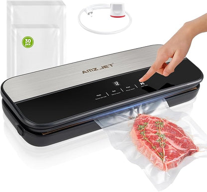 Food Sealer Vacuum Sealer-Tempered Glass Stainless Steel panel, LED Touch Control, Digital Display, Pulse/Moist/Dry/Seal/External Suction Modes, Includes 30 Vacuum Bags & Built-in Cutter (Black Gray)