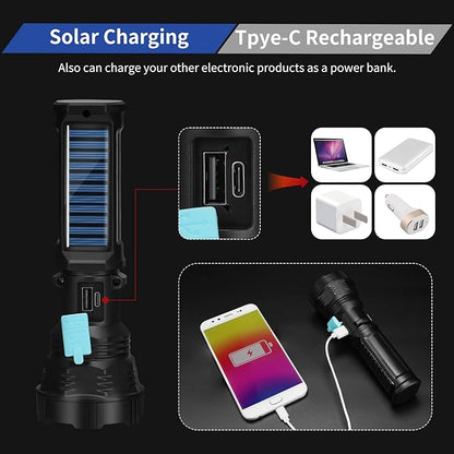 Led Solar Flashlight, 1500 Lumens Led Solar Handheld Rechargeable Flashlights with IP65 Waterproof, 2000mAh Battery for Survival Emergencies Camping (4 Pack)