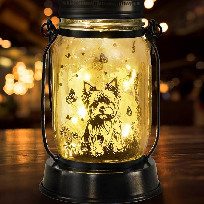 Yorkie Dog Gifts for Women/Men Yorkshire Terrier Solar Lanterns Mom Birthday Dog Lovers Lantern Pet loss Pet Memorial Lights Solar Garden Decoration for Yard, Patio,Backyard,Porch Torches Light