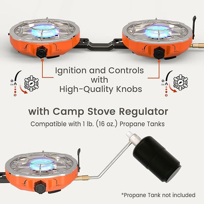 20,000 BTUs 2 Burner Propane Camping Stove, Portable Folding Camp Stove with Adjustable Burners, Regulator and Carrying Bag, Dual Gas Stoves Easy Carrying Handle for Tailgating, Camping, BBQ