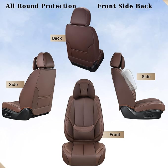 Coverado Universal Seat Covers Front, 2-Pack Universal Seat Covers for Cars, Waterproof Nappa Leather Car Seat Covers with Head Pillow, Auto Protectors Fit for Most Sedans SUV Pick-up Truck-Brown