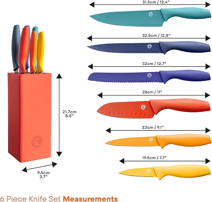 MasterChef Knife Block Set of 6 Kitchen Knives, Extra Sharp Stainless Steel