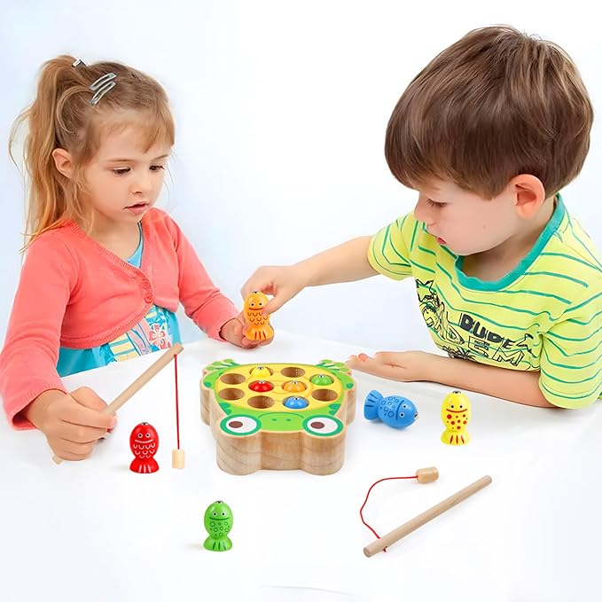 Magnetic Wooden Fishing Game Toys for Toddlers,Wooden Frog Magnets Fishing Learning Color Sorting Puzzle Montessori Preschool Educational Fine Motor Skills for 3 4 5 Years Old Boys Girls