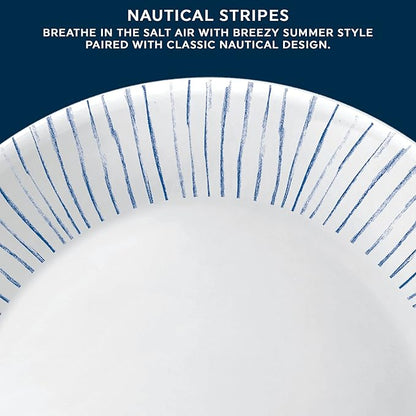 Corelle 18-Piece Dinnerware Set Service for 6, Lightweight Round Plates and Bowls Set, Vitrelle Triple Layer Glass, Chip Resistant, Microwave and Dishwasher Safe, Nautical Stripes