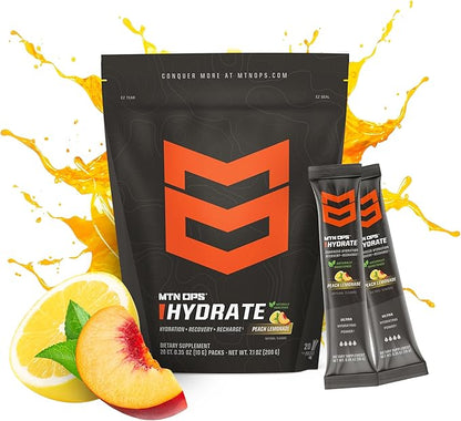 MTN OPS Hydrate Electrolytes Powder Drink Mix, Naturally Sweetened with Monk Fruit, Gluten Free 20 Single Serving On-The-Go Electrolyte Packs, Peach Lemoande