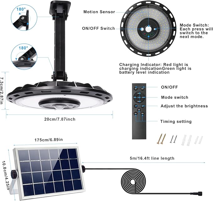 INDARUN Solar Shed Light with On/Off Switch, Up to 3000LM Solar Indoor/Outdoor Lights with 5 Modes, Motion Sensor Pendant for Barn, Gazebo, Garage, Patio, Yard