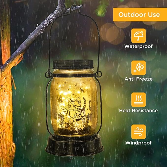 Cat Gifts Cat Solar Lanterns Cat Solar Lights Outdoor Cat Lover Gifts for Women Men Cat Lovers Gifts Hanging Cat Lanterns with Stake for Yard Lawn Garden Decor Waterproof Cat Butterfly Lantern Torches