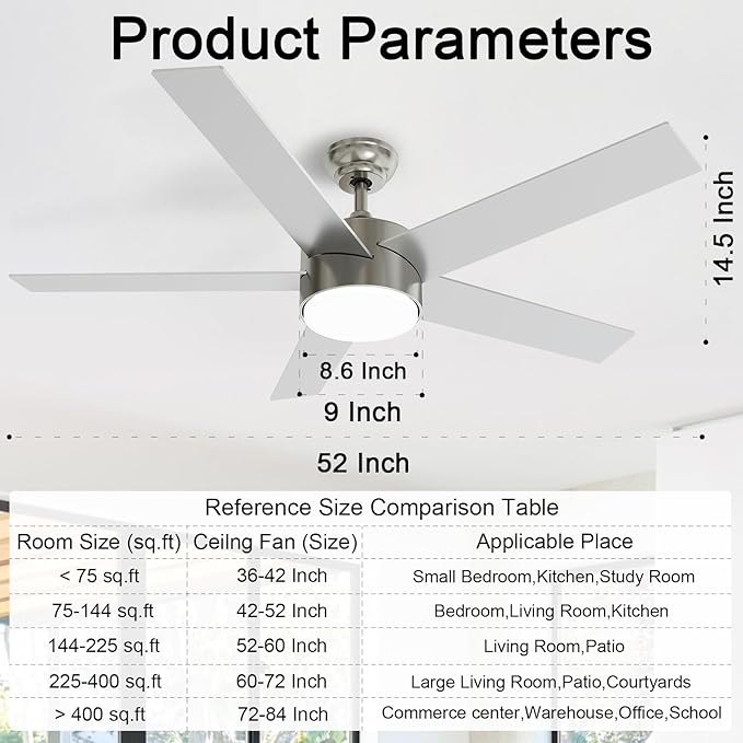 POCHFAN 52 Inch Brushed Nickel Ceiling Fans