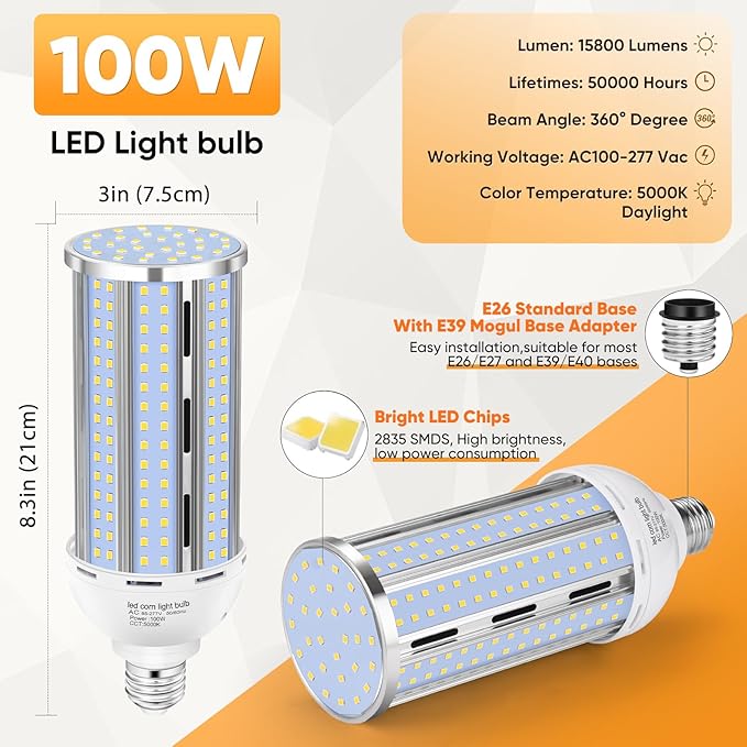 XYCN 4 Pack 100W Corn LED Light Bulb Fanless, 5000K Daylight E26/E39 Large