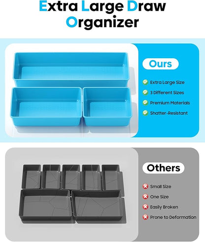 10 Pack Large Size Plastic Drawer Organizers Set, 3 Sizes Desk Drawer Organizer