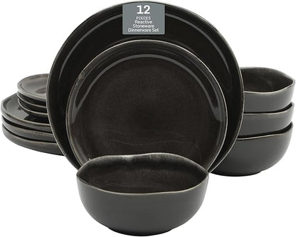 Gibson Elite Nardini 12 Piece (Service for 4) Plates and Bowls Reactive Glaze Dishes Stoneware Ceramic Dinnerware Set - Black
