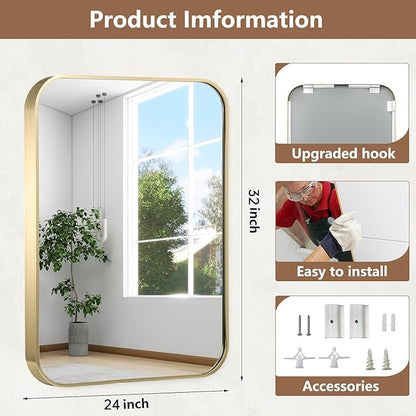 24x32 Inch Gold Bathroom Mirror, Brushed Gold Metal Framed Rectangular Mirror