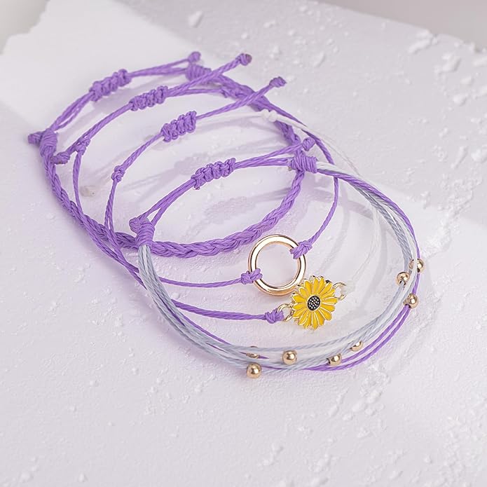 FANCY SHINY Sunflower String Bracelet Boho Braided Rope Wrap Bracelets Cute Summer Beach Surfer Jewelry for Women Christmas Gifts