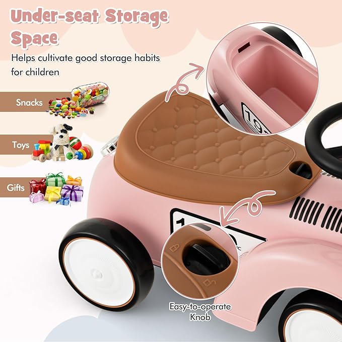 HONEY JOY Ride On Push Car, Outdoor Toddler Riding Toys w/Steering Wheel, Horn & Storage, Foot-to-Floor Sliding Car, No Batteries, Retro Baby Ride On Toys for Boys and Girls (Pink)