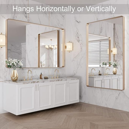 LOAAO 48”X30” Gold Bathroom Mirror, Rounded Rectangle Gold Frame Mirror