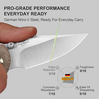 Kizer Drop Bear 2 Pocket Knife, 2.96" Nitro-V Clip Point Blade Folding Knife with Brown Micarta Handle, Button Liner Lock EDC Knives with Jimping on Spine for Men Women V3619.2CC1
