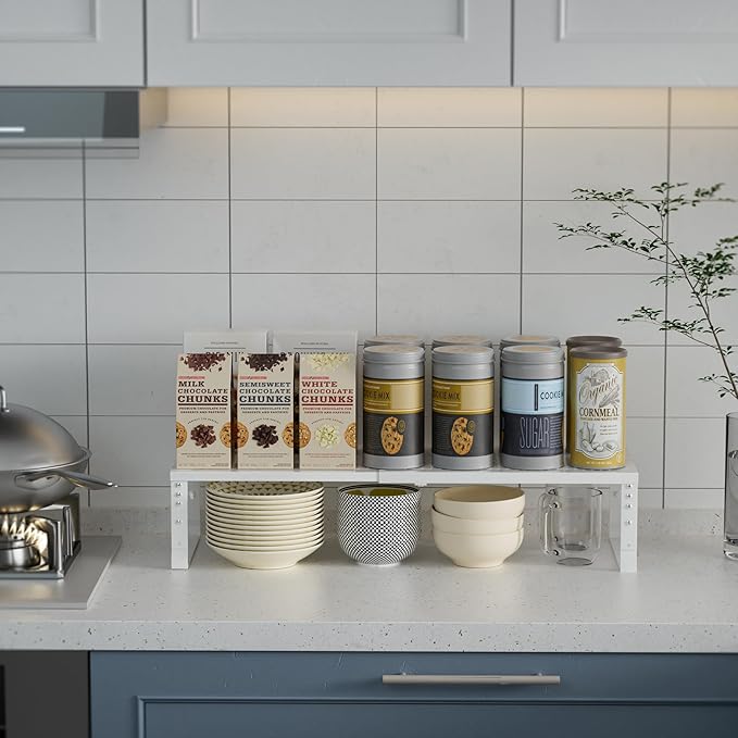 Expandable Spice Rack Kitchen Cabinet Shelf Organizer, Stackable Storage Shelves Racks, Adjustable Counter Shelving for Cabinets, Countertop, Cupboard,Pantry and More(3Packs/White/Medium)