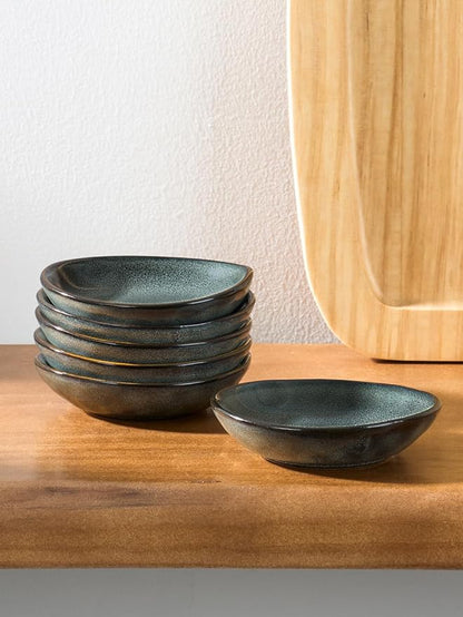 famiware Ocean Soy Sauce Dishes of 6, Oval Dipping Sauce Cups/Bowls/Dishes for Kitchen, 2.1oz Ceramic Small Bowls for Side Dish, Appetizers, Snacks, and Sushi, Reactive Glaze, Deep Forest
