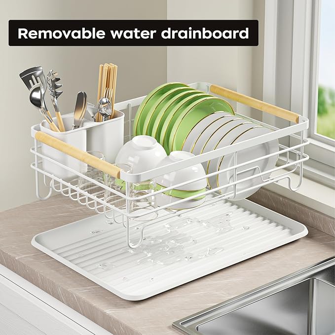 Dish Racks for Kitchen Counter: Wooden Handles, Thickened Metal, No Assembly.