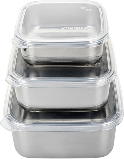 U Konserve Stainless Steel Nested Trio Food Storage Container Bento Box, Set of 3 (15, 30, & 50 oz), Leak Resistant, Silicone Lid, Dishwasher Safe, Plastic Free