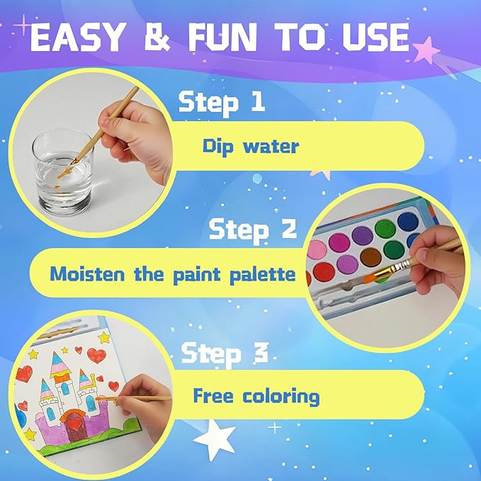 12 Colors Paint with Water Coloring Book for Toddlers, 5 Display Stands Watercolor Paint Set for Kids Ages 3-5 4-8, Arts and Crafts Drawing Activities Toys Birthday Holiday Gifts for Boys Girls