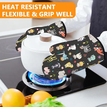 Cute Animals Oven Mitts and Pot Holders Sets 4Pcs, Extra Long Oven Gloves