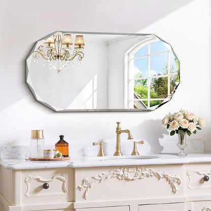 GLASHOM Beveled Edge Frameless Bathroom Mirror, Oval Wall Mirror